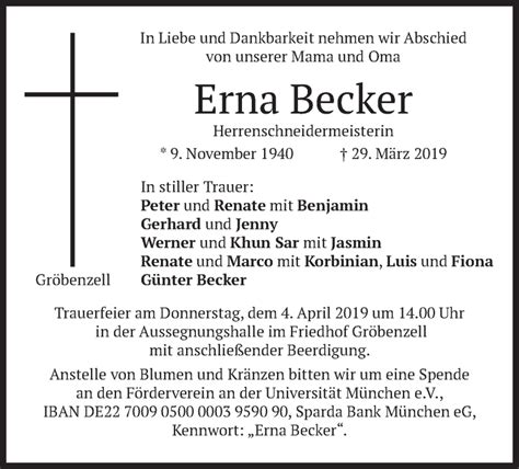 Traueranzeigen Von Erna Becker Trauer Merkur De