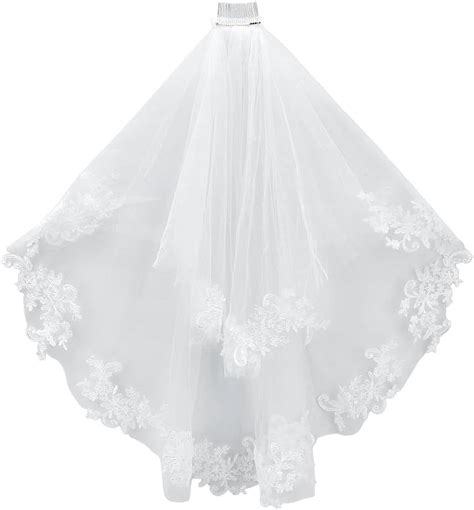 White Wedding Bridal Veil 2 Tier Floral Lace Edge Mesh Veil With Metal