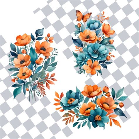 55 Watercolor Boho Blue Teal Orange Flowers Png Teal Rust Orange