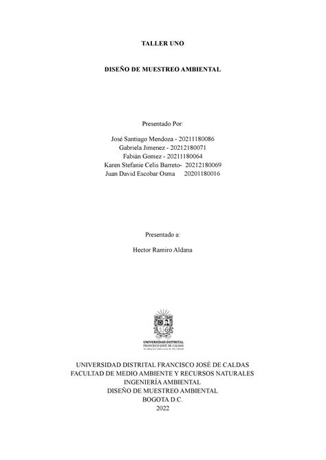 Diseño Muestreo Taller Uno DiseÑo De Muestreo Ambiental Presentado Por José Santiago Mendoza