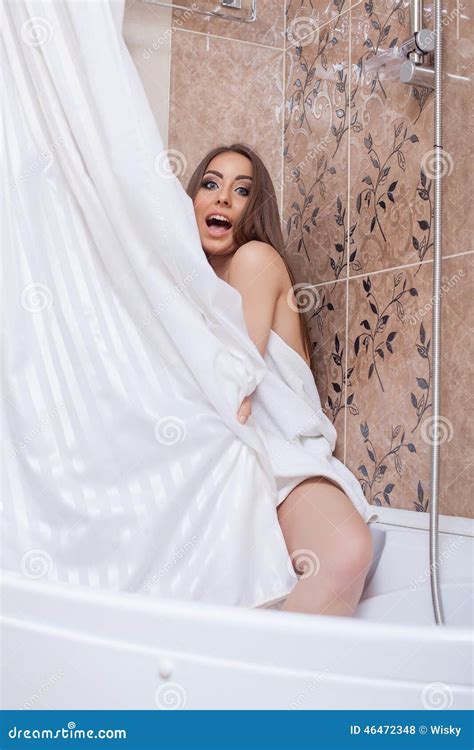 Image Of Pretty Woman Hiding Behind Shower Curtain Stock Photo Image