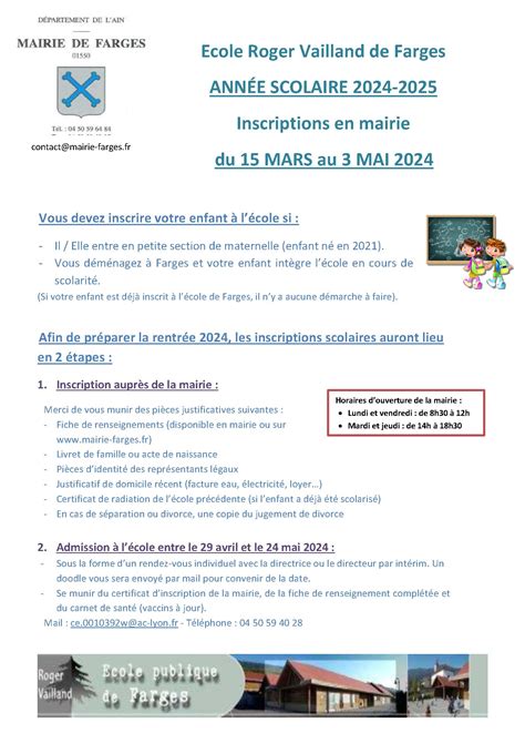 Mairie De Farges Inscriptions Scolaires 2024 2025 Du 15 Mars Au 3 Mai