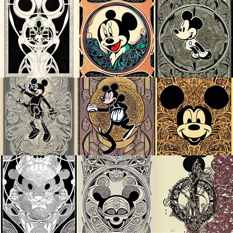 Krea Vintage Art Nouveau Illustration Mickey Mouse As A Cyborg Detailed Filigree