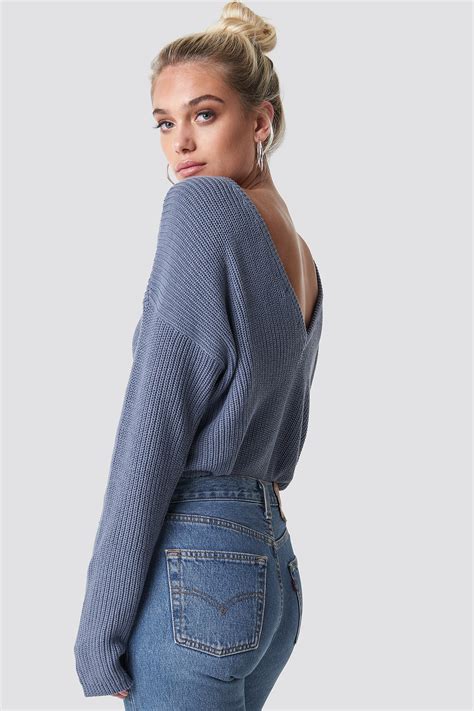 Knitted Deep V Neck Sweater Blue Na Kd