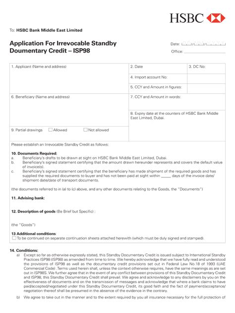 Fillable Online Hsbc Application For Irrevocable Standby Dc Isp