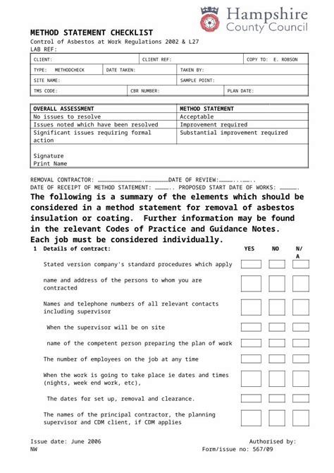 DOC METHOD STATEMENTS Web ViewMETHOD STATEMENT CHECKLIST Control