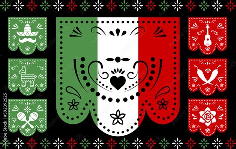 Papel Picado Tricolor Para El 5 De Mayo Festividad Mexicana Con Iconos