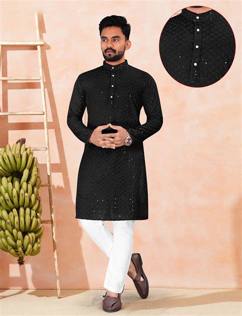 Black Lucknowi Chikankari Kurta Pajama Kurta Pajama For Men