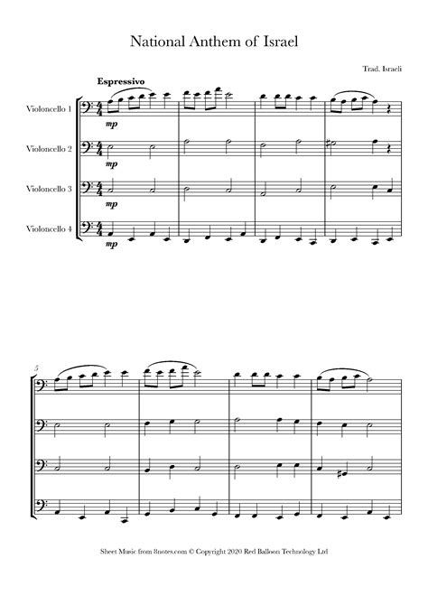 Israeli National Anthem Hatikvah For Cello Quartet Free Sheet Music