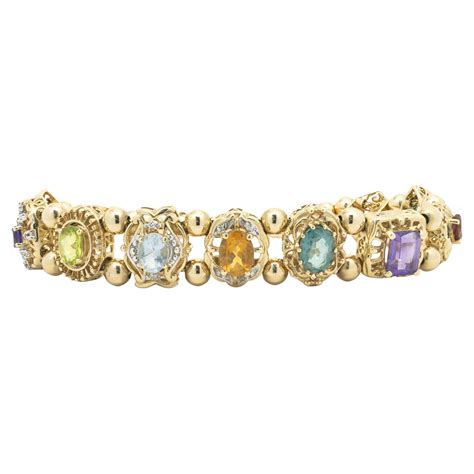 Multi Color Gemstone Floral Design Karat Yellow Gold Bracelet For