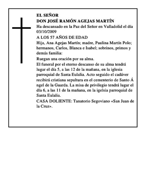 Don Jos Ram N Agejas Mart N Esquela Necrol Gica El Norte De Castilla