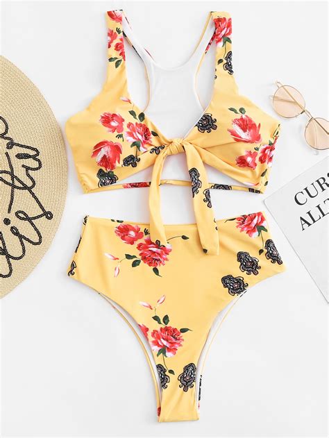 Knot Front Flower Print Bikini Set Shein Sheinside