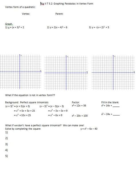 Graphing Quadratic Functions In Vertex Form Worksheet Answer Key