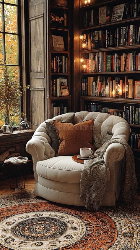 cozy reading nook  armchair   rustic library stock photo image