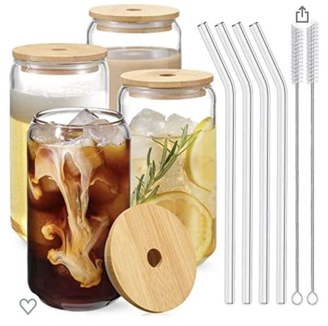 Drinking Glasses With Bamboo Lids And Glass Straw 4pcs Set 16oz Can