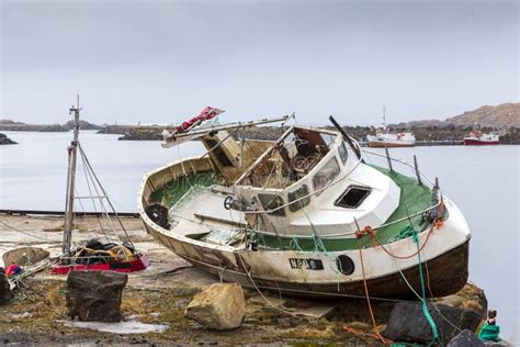 Fishing Boat Wreck Landed On The Shore At Sto In Vesteralen Islands