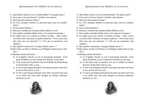 Questionnaire Sur Moli Re Et Ses Uvres Quel Th Tre Fonda T