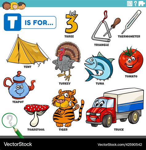 Letter T Words Educational Set With Cartoon Vector Image