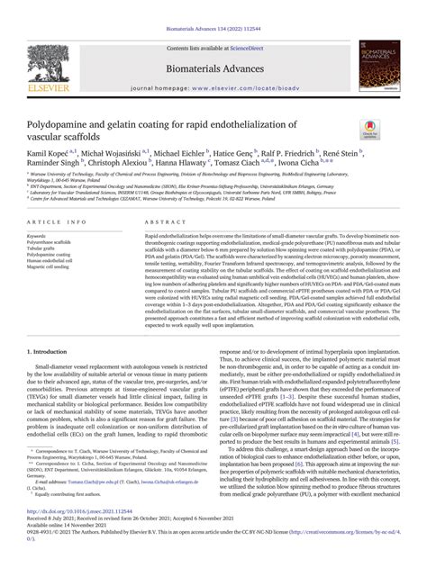 Pdf Polydopamine And Gelatin Coating For Rapid Endothelialization Of