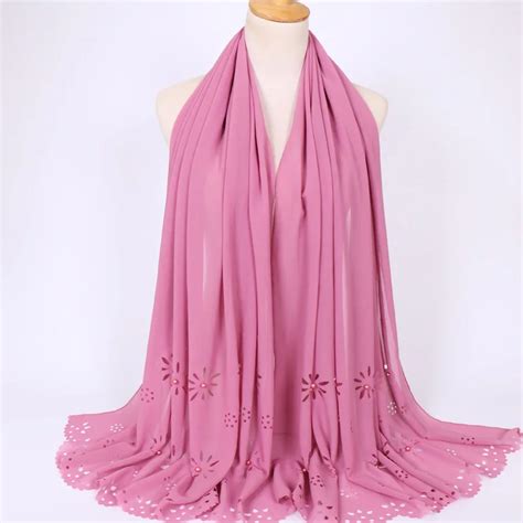 Women Large Pearl Bubble Chiffon Scarf Laser Cut Flower Shawls Spring