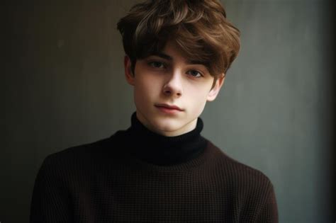 Premium Photo A Young Man With Brown Hair Wearing A Black Turtleneck