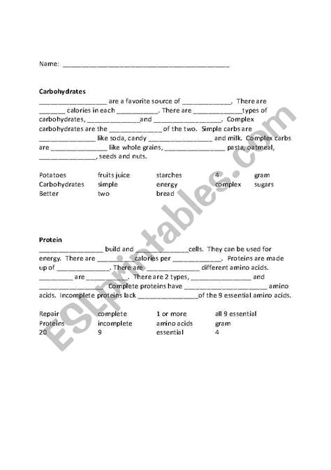 Carbohydrates Fats Protein Esl Worksheet By Jschaefer