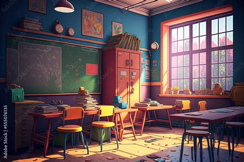 Generative Ai Cartoon Classroom Colorful And Bright Classroom Cartoon Style Stock