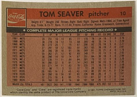 Tom Seaver Topps Cincinnati Reds Baseball Coca Cola Card Kbk Sports