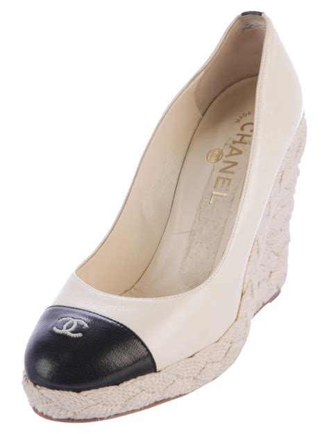 Chanel Cap Toe Espadrille Wedge Pumps White Sandals Shoes