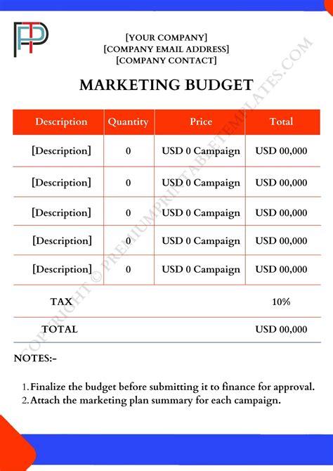 Marketing Budget Printable Template in PDF and Word