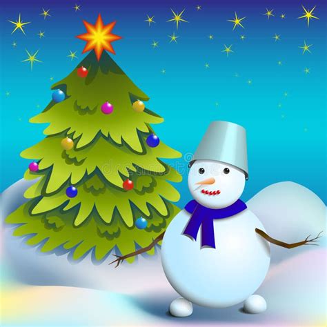 Snowman With Christmas Tree Stock Illustration Illustration Of Drifts