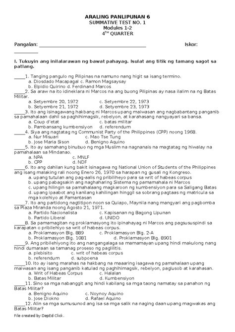 AP6 ST1 Q4 Test ARALING PANLIPUNAN 6 SUMMATIVE TEST NO 1 Modules 1