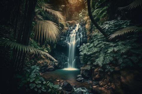 Premium Photo | Gorgeous jungle waterfall in a thriving jungle