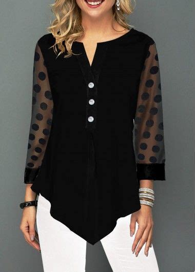 Button Detail Asymmetric Hem Lace Panel Blouse Usd 27