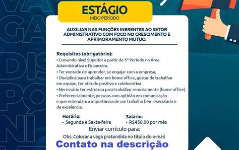 Vaga Para Est Gio Meio Periodo Setor Administrativo Em Cabo Frio