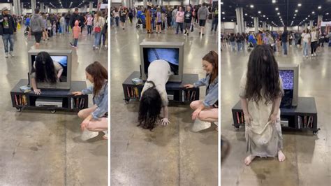 Samara Climbs Out Of TV In Creepy The Ring Cosplay