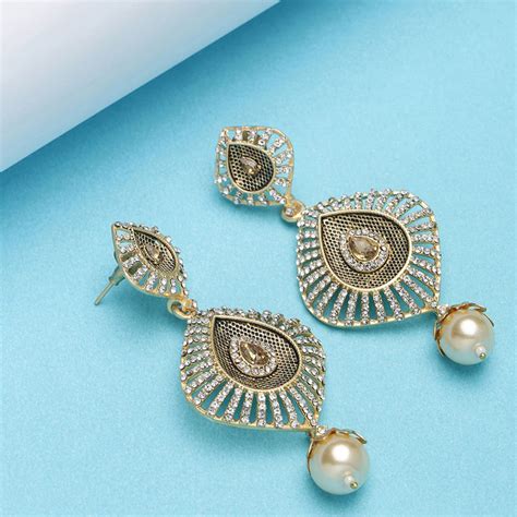 Panash Gold Toned White Crescent Shaped Drop Earrings Buy Panash Gold