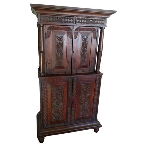 Antique 19th C Hand Carved Danish Oak Step Back Cupboard For Sale At