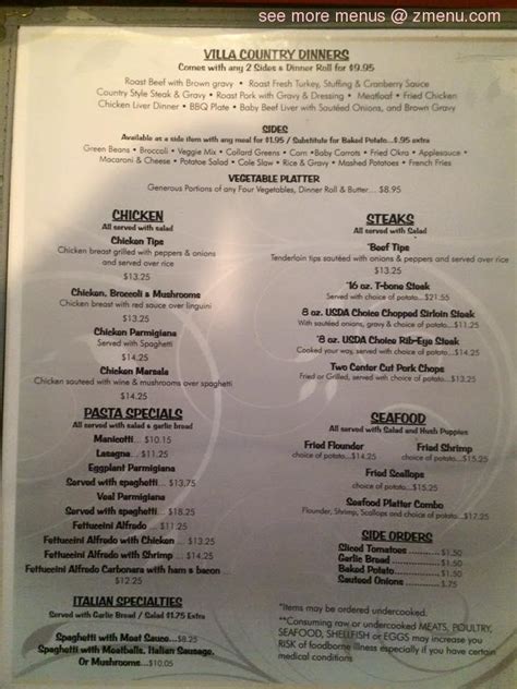 Menu at The Villa Restaurant, Elizabeth City