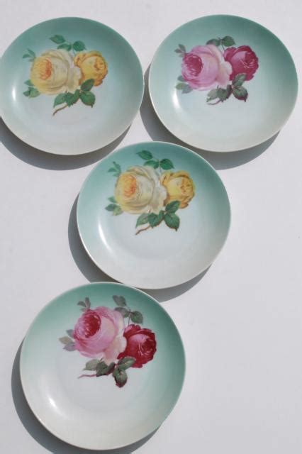 Pink Yellow Roses Hand Painted Bavaria China Plates Vintage Dessert Set