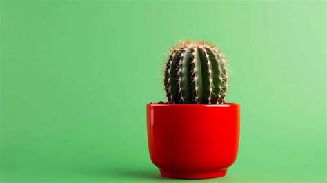 Premium Photo Cactus In Red Pot On Green Background Minimal Concept