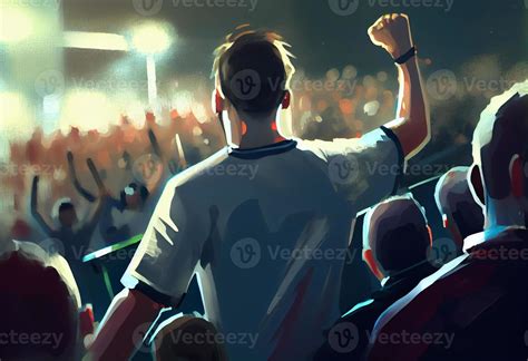 Back View Of Football Soccer Fans Cheering Their Team Stadium At