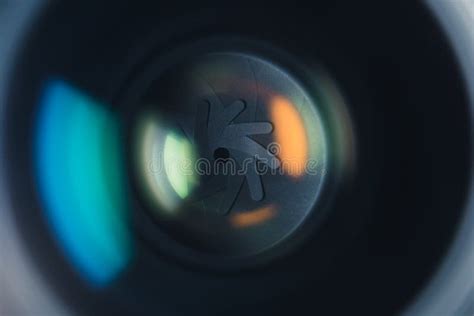 Close Up Professional Camera Lens With Color Reflections Aperture