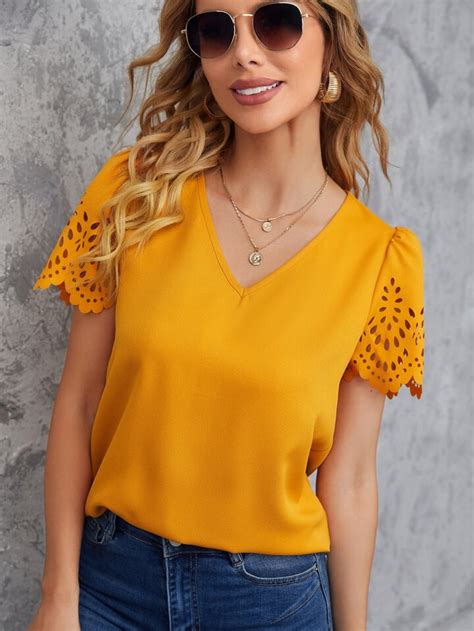 Shein Clasi Laser Cut Scallop Edge Top Shein