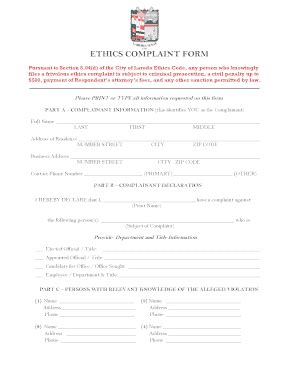 Fillable Online Ci Laredo Tx Sworn Ethics Complaint Form 8 04 City Of