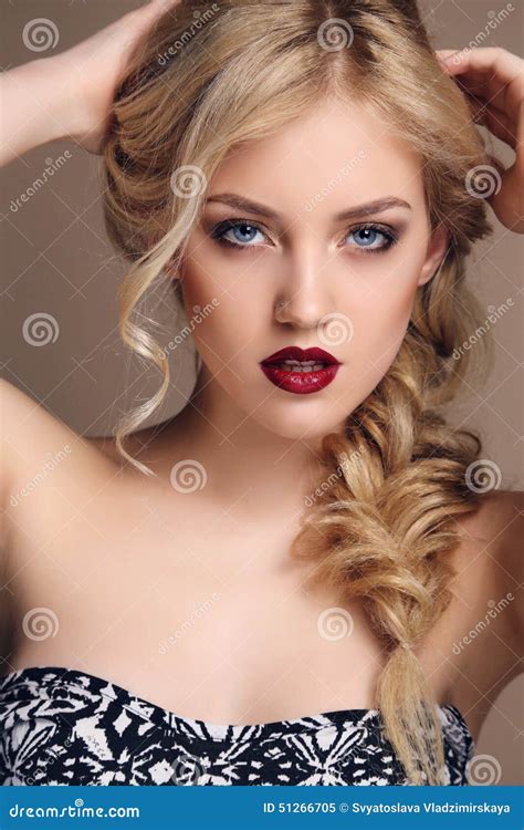 Sensual Woman With Blond Curly Hair With Bright Makeup Stock Image Image Of Necklace Details