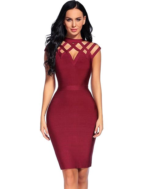 Womens Bandage Mini Dress Sleeveless High Neck Hollow Out Club Dresses Wine Red C812nt59zu5