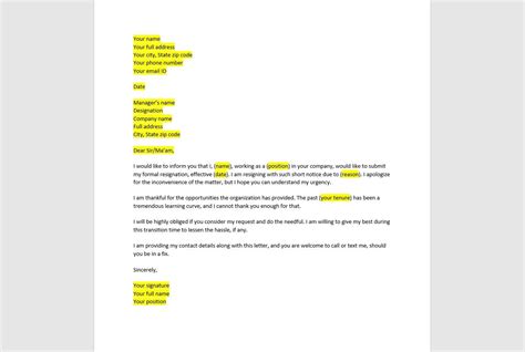 Short Notice Resignation Letter Template Resignation Letter Resignation Template Resignation