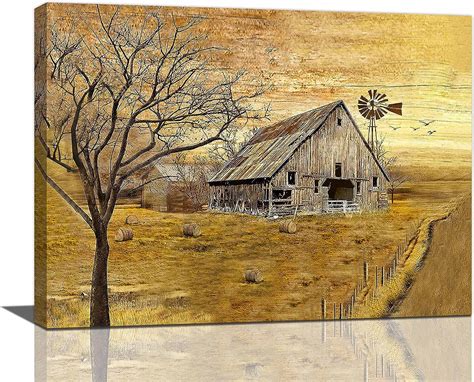 Farmhouse Wall Art Rustic Old Barn Windmill Pictures Wall Decor Country Barn Painting Canvas