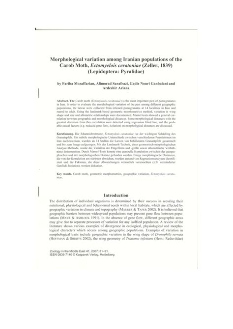 Pdf Morphological Variation Among Iranian Geographic Populations Of